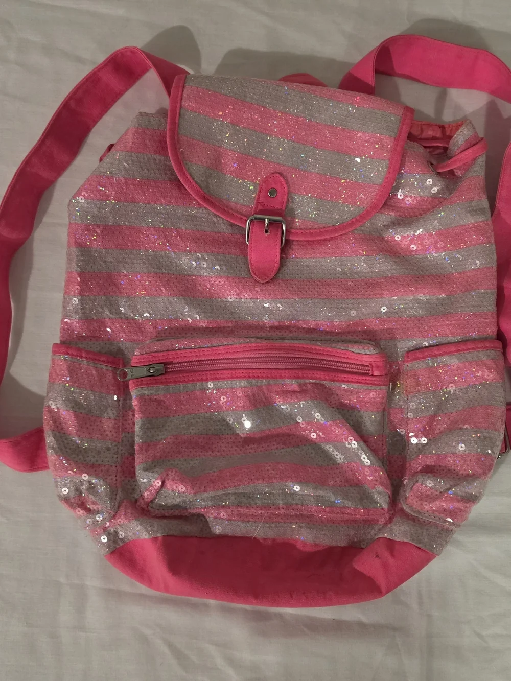 Justice Pink Sequin Striped Children’s Drawstring Backpack